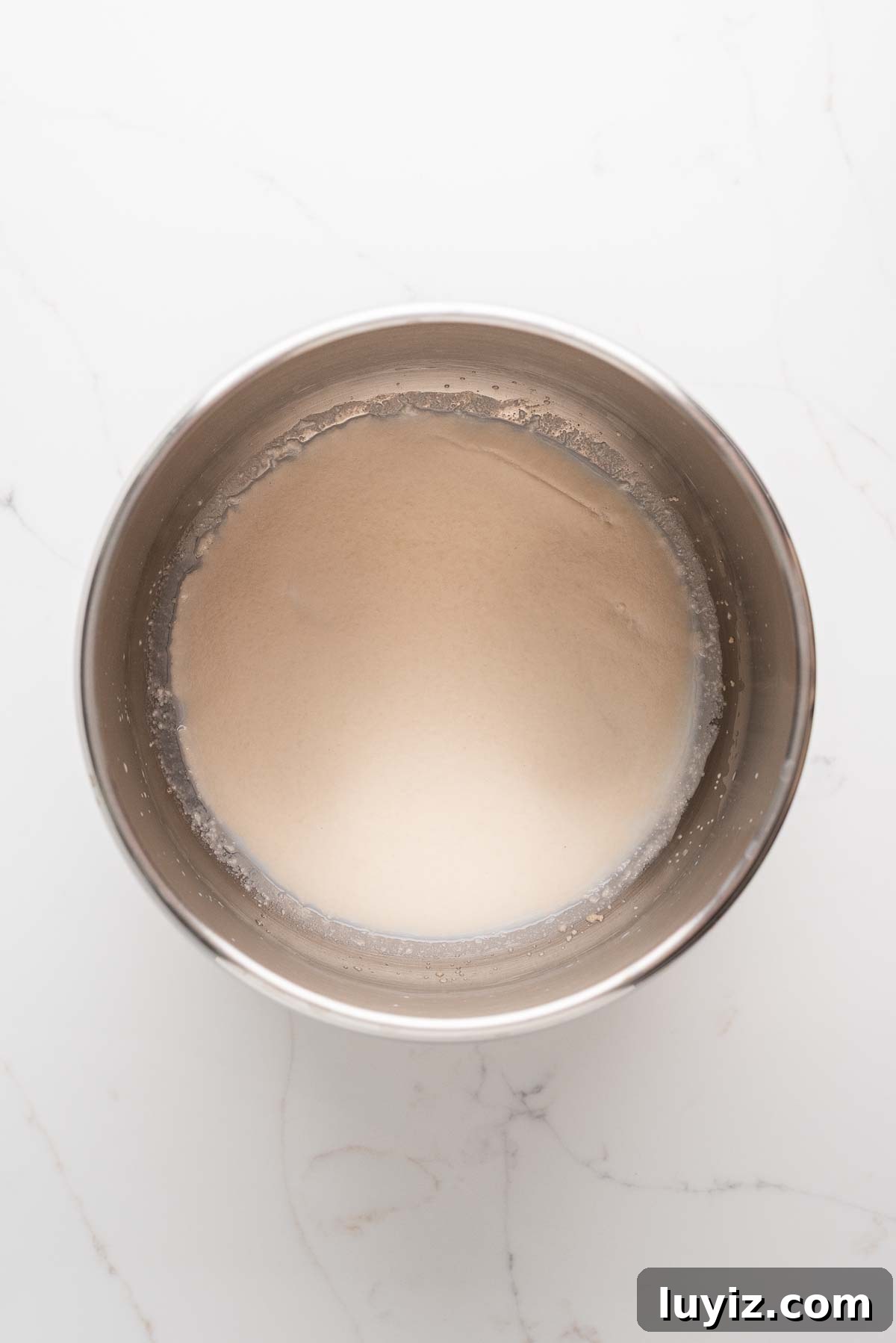Chocolate Croissant Loaf Recipe: Flaky Chocolate Swirl Bread 6 Proofing yeast in warm milk and sugar in a large stainless steel Ankarsrum mixing bowl on a white marbled background.