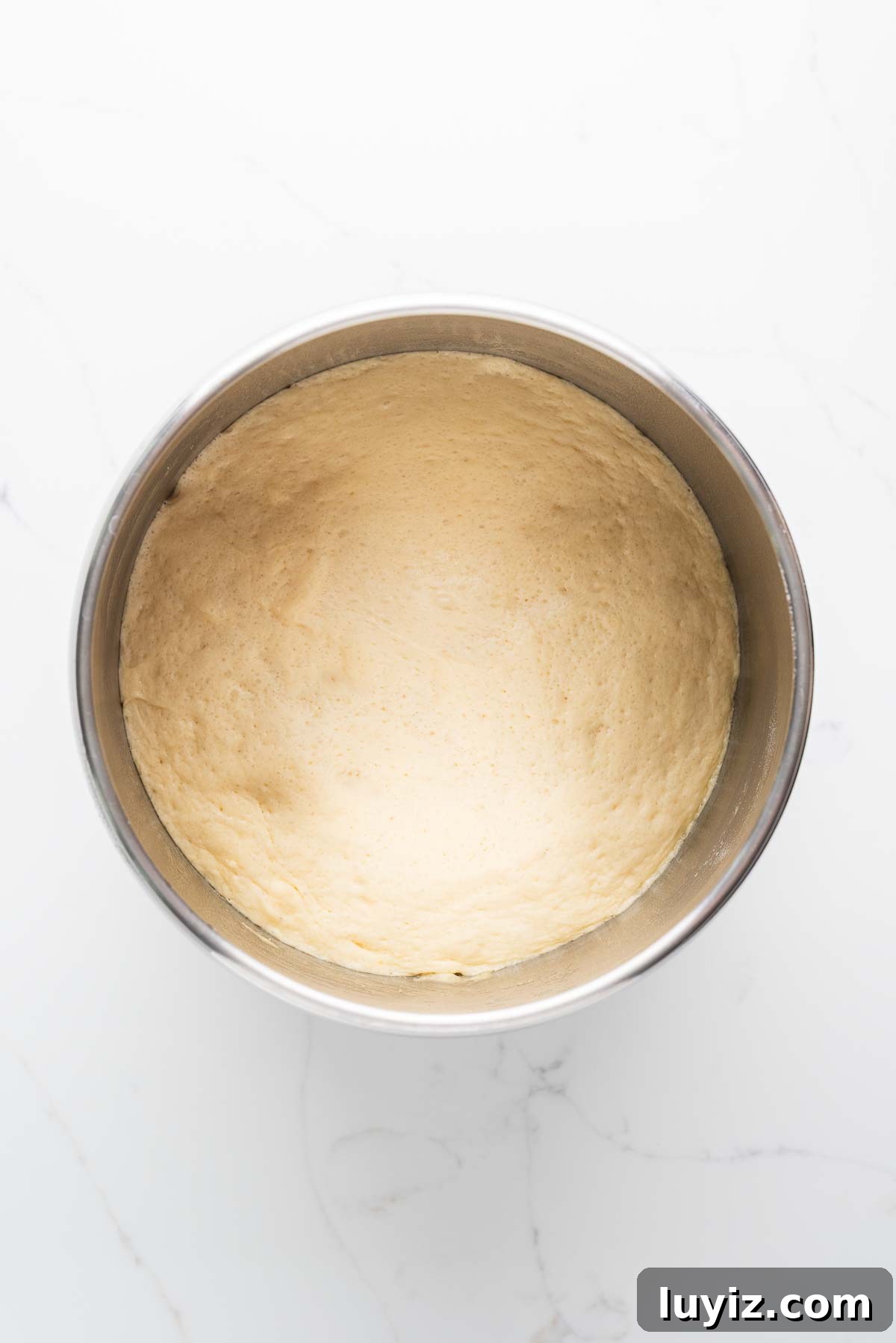 Chocolate Croissant Loaf Recipe: Flaky Chocolate Swirl Bread 8 First rise of croissant dough in a stainless steel mixing bowl on a white marbled background.