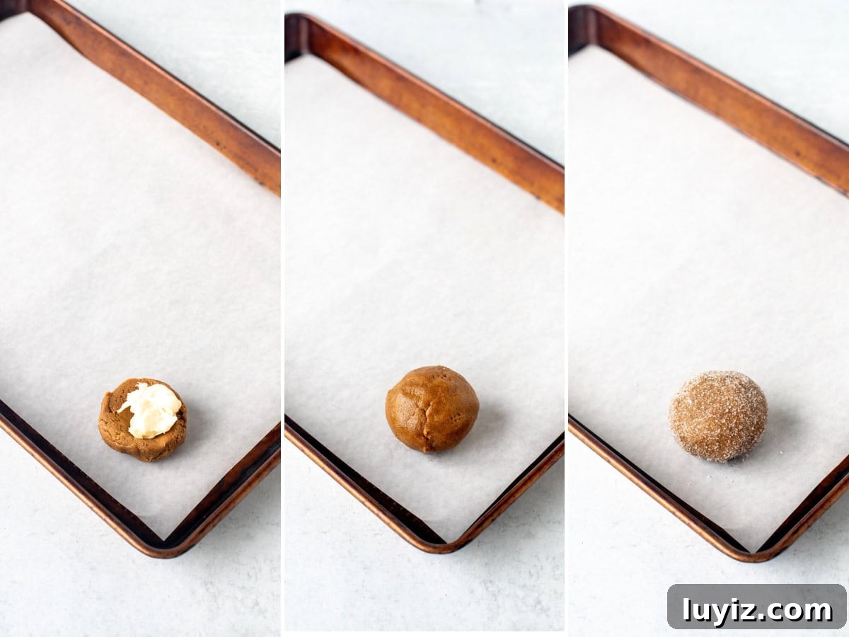 Gingerbread Cheesecake Cookie Recipe: Soft, Spiced Bites 6 Three photos showing how to make cheesecake stuffed ginger molasses cookies