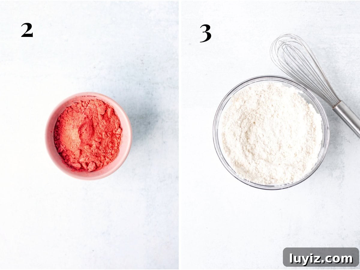 Strawberry Sugar Cookie Recipe — Soft, Juicy Berry Cookies 5 Bowl of pulverized freeze dried strawberries and bowl of dry ingredients whisked together
