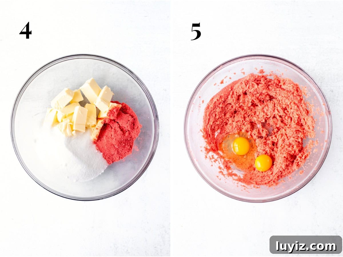 Strawberry Sugar Cookie Recipe — Soft, Juicy Berry Cookies 6 Bowl of butter, sugar and pulverized strawberries and bowl of ingredients mixed together with egg, egg yolk and vanilla added.