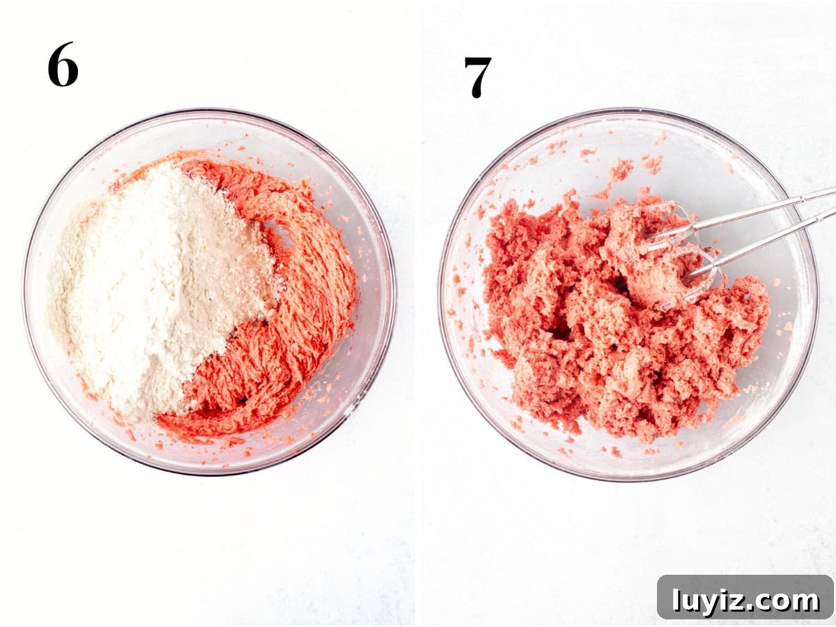 Strawberry Sugar Cookie Recipe — Soft, Juicy Berry Cookies 7 Bowl of strawberry cookie dough with dry ingredients added into the bowl, and bowl of strawberry cookie dough.