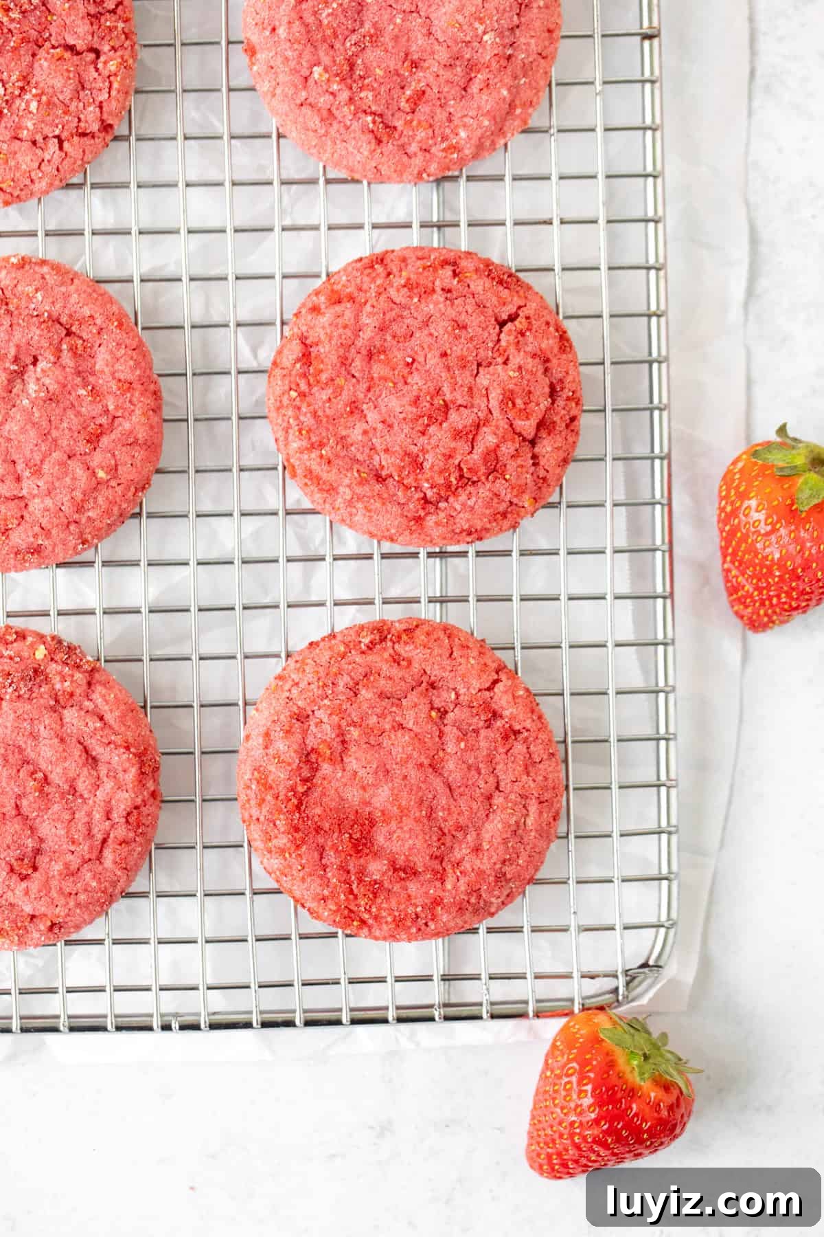 Strawberry Sugar Cookie Recipe — Soft, Juicy Berry Cookies 9 Strawberry sugar cookies on a cooling rack