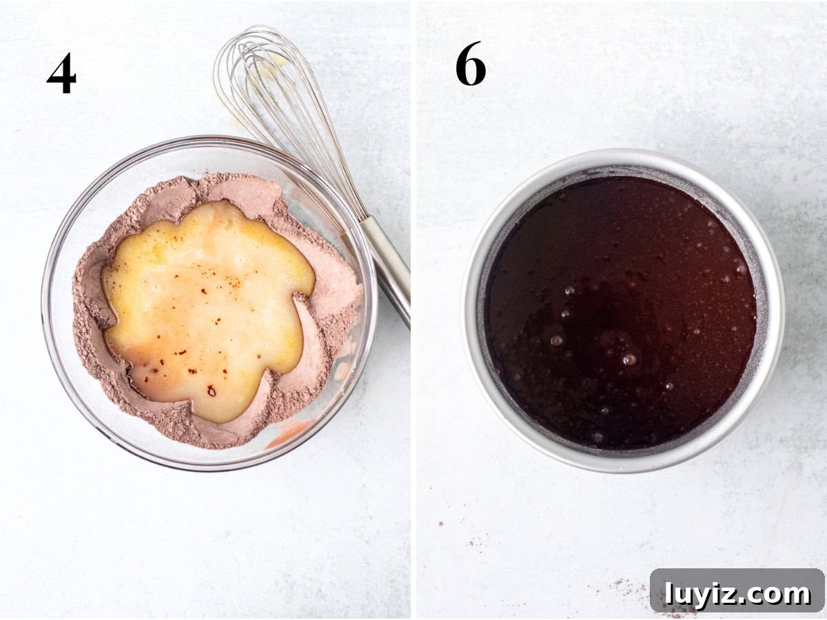 Mini Chocolate Cake Recipe: Moist Single-Layer Dessert For Two 5 Bowl with wet ingredients poured into dry ingredients, and unbaked 6-inch round chocolate cake