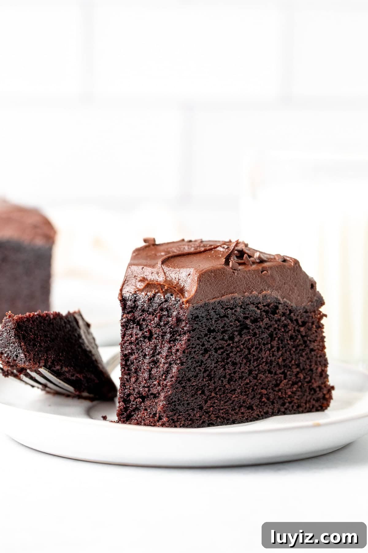 Mini Chocolate Cake Recipe: Moist Single-Layer Dessert For Two 7 Slice of a mini chocolate cake on a plate with a bite taken out.