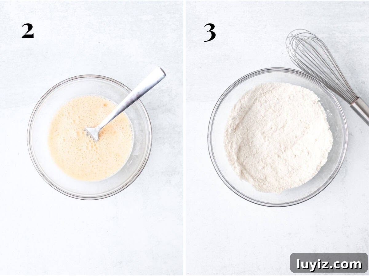 Mini Vanilla Cake Recipe: Moist Single-Layer Sponge Tutorial 4 Bowl of wet ingredients whisked together and bowl of dry ingredients whisked together for making a mini vanilla cake