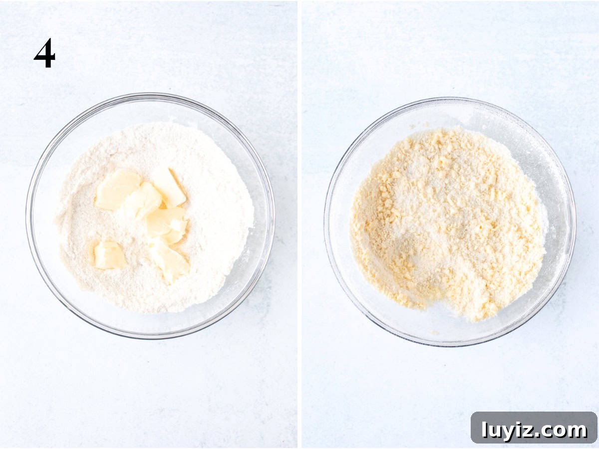 Mini Vanilla Cake Recipe: Moist Single-Layer Sponge Tutorial 5 Bowl of dry ingredients with cubed butter added into the bowl, and bowl of dry ingredients and butter after mixed together.