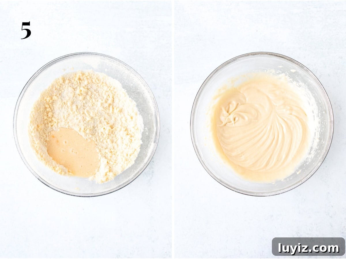 Mini Vanilla Cake Recipe: Moist Single-Layer Sponge Tutorial 6 Bowl of butter and flour mixture with some wet ingredients added, and bowl of cake batter for mini vanilla cake