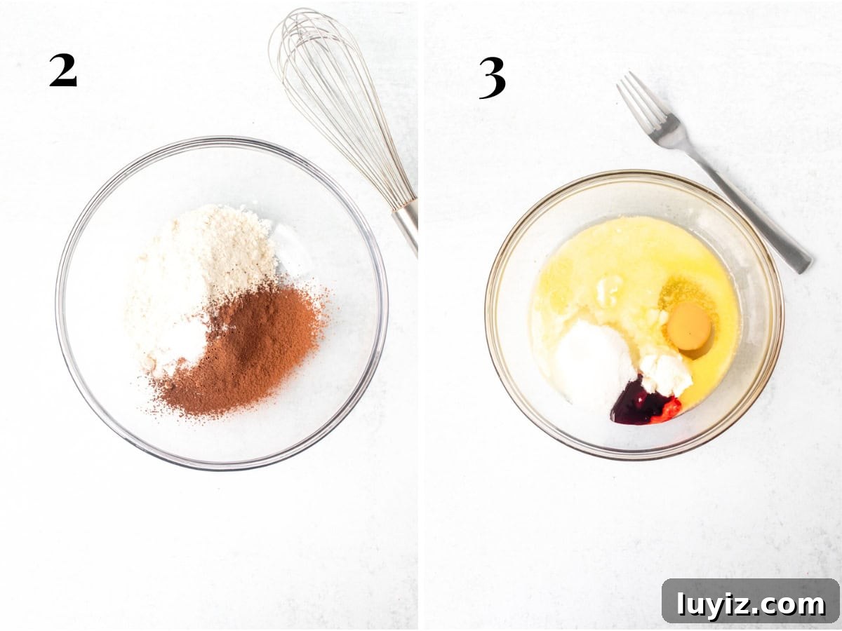 Mini Red Velvet Cake Recipe for Moist, Cream Cheese Frosting 4 Bowl of dry ingredients and bowl of wet ingredients for mini red velvet cake