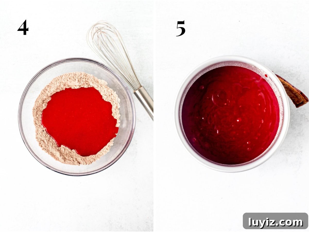 Mini Red Velvet Cake Recipe for Moist, Cream Cheese Frosting 5 Bowl of dry ingredients with wet ingredients poured into the bowl for red velvet cake, and unbaked mini red velvet cake