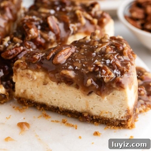 Sliced pecan pie cheesecake sprinkled with sea salt flakes on a white marble cake stand placed next to a small bowl of pecans on a white background.