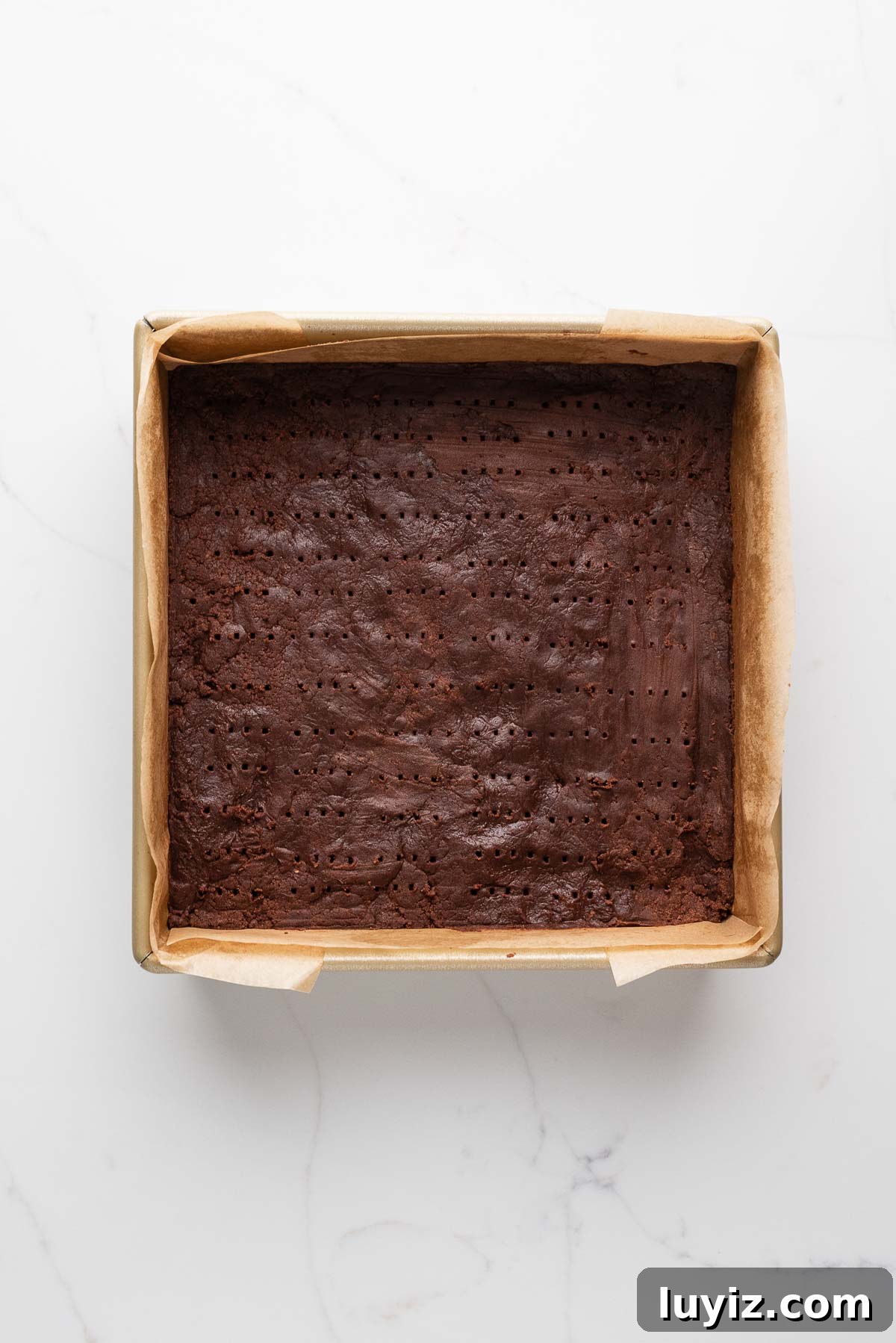 Classic Chocolate Shortbread Cookies Recipe for Homemade Treats 11 Chocolate shortbread dough pressed into an eight inch parchment paper lined baking tin docked on top using a fork.
