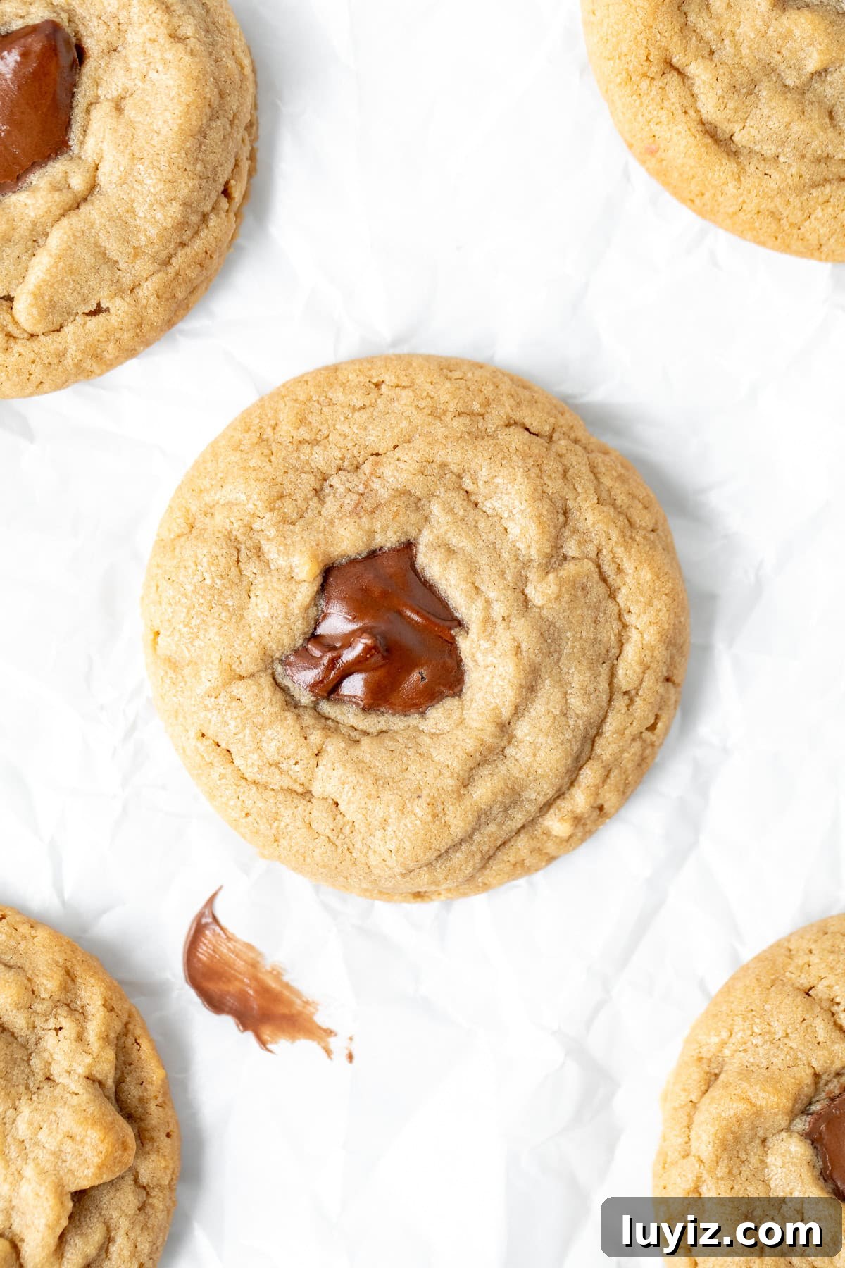 Peanut Butter and Nutella Cookie Recipe: Gooey Chocolate Swirl Cookies 3 Peanut butter cookies with dollop of Nutella in the middle