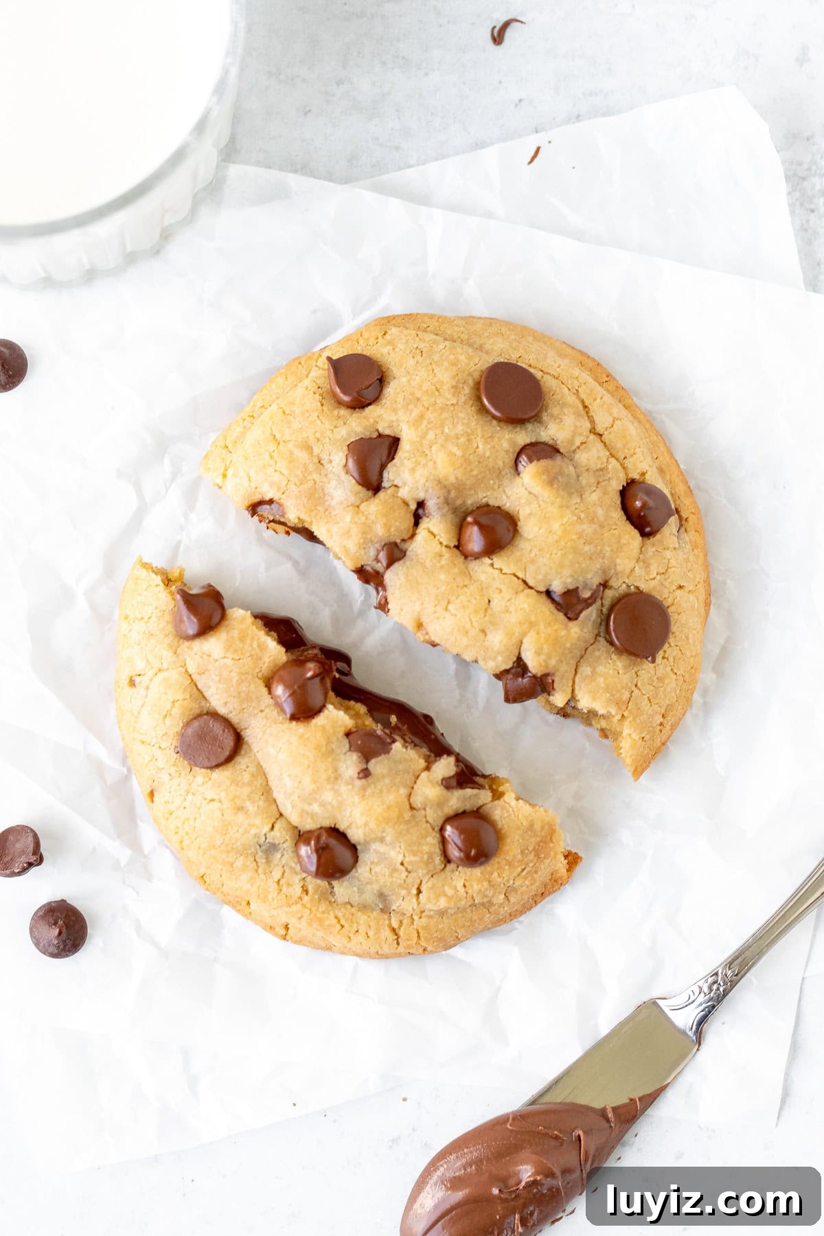Nutella-Stuffed Single-Serve Chocolate Chip Cookie Recipe 3 Single serving chocolate chip cookie stuffed with Nutella , broken in half