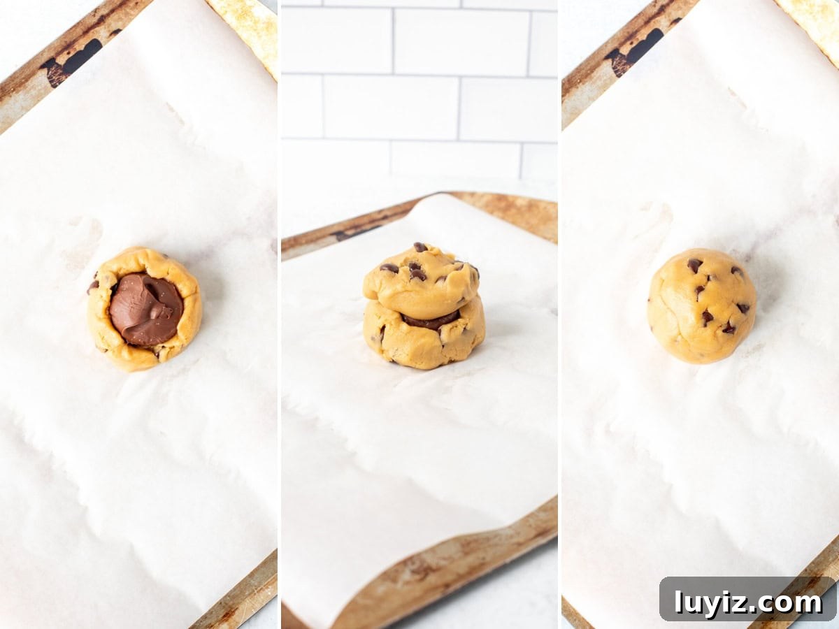 Nutella-Stuffed Single-Serve Chocolate Chip Cookie Recipe 5 3 photos showing how to make a Nutella stuffed cookie