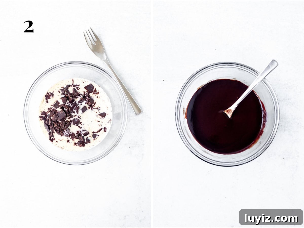 Mini Chocolate Cheesecake Recipe for Two: Rich, Creamy & Decadent 5 Bowl of chopped chocolate and cream, and bowl of cream and chocolate melted together