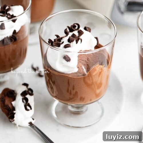 Parfait goblets filled with chocolate mousse, whipped cream, and chocolate curls.