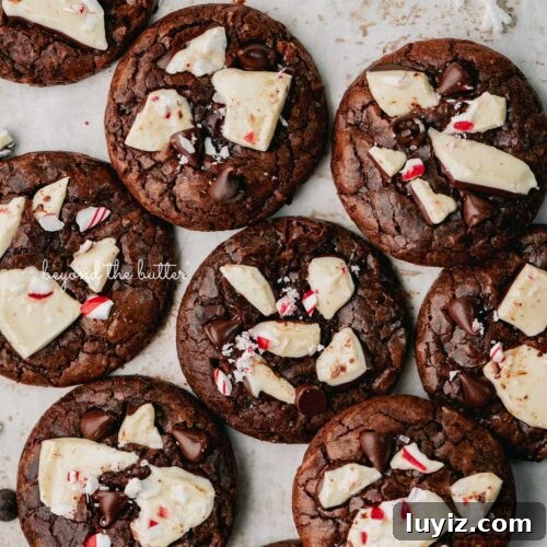 Just baked peppermint bark brownie crinkle cookies on a parchment paper lined baking sheet.