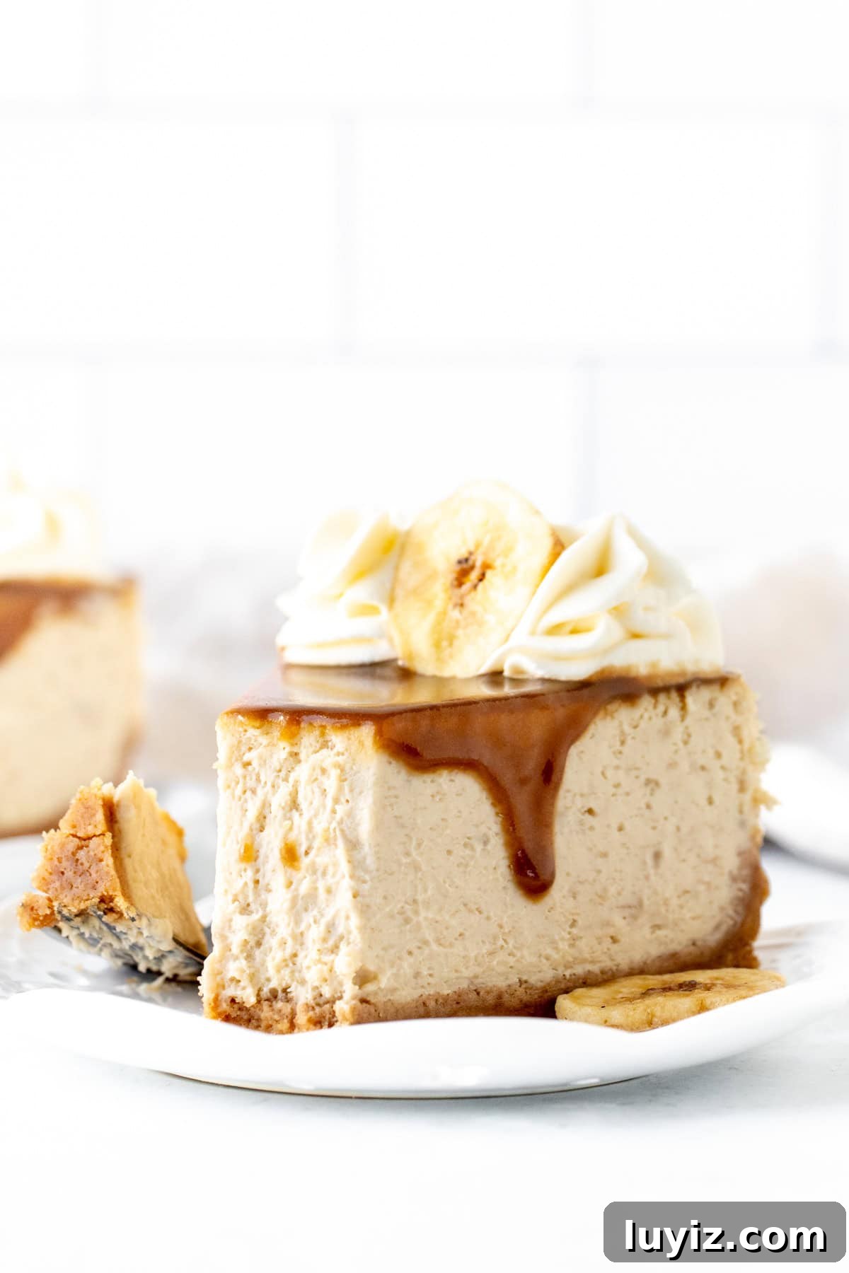 Banoffee Cheesecake Recipe: Creamy Banana & Caramel Cheesecake 7 Finished banoffee cheesecake with rosettes