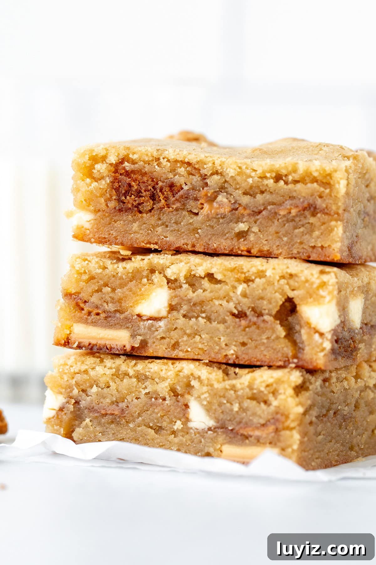 Biscoff Blondies Recipe: Chewy Lotus Biscoff Bar Cookies 3 Stack of three cookie butter blondies