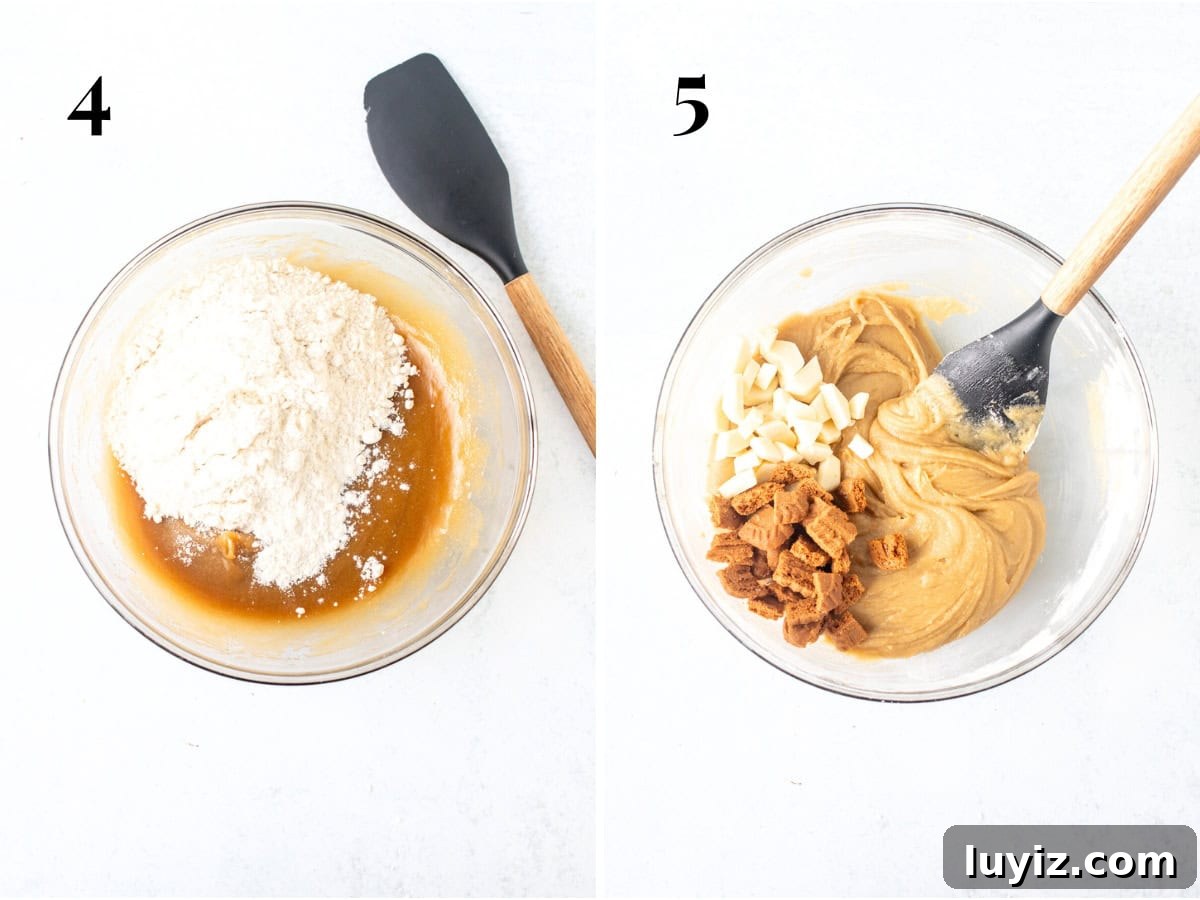 Biscoff Blondies Recipe: Chewy Lotus Biscoff Bar Cookies 5 Bowl of butter mixture with flour added to bowl, and bowl of blondie batter with white chocolate chunks and cookie pieces