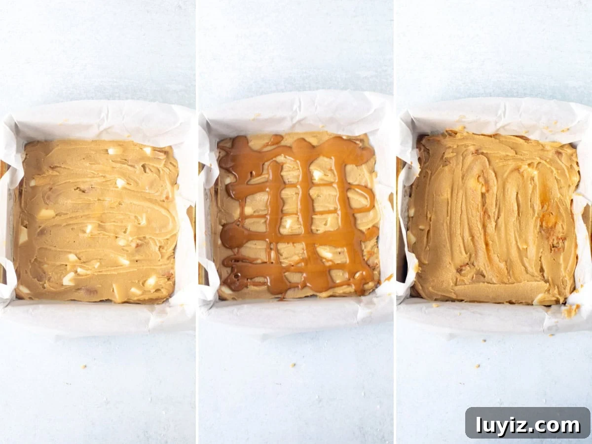 Biscoff Blondies Recipe: Chewy Lotus Biscoff Bar Cookies 6 Three photos of pan with Biscoff blondie dough
