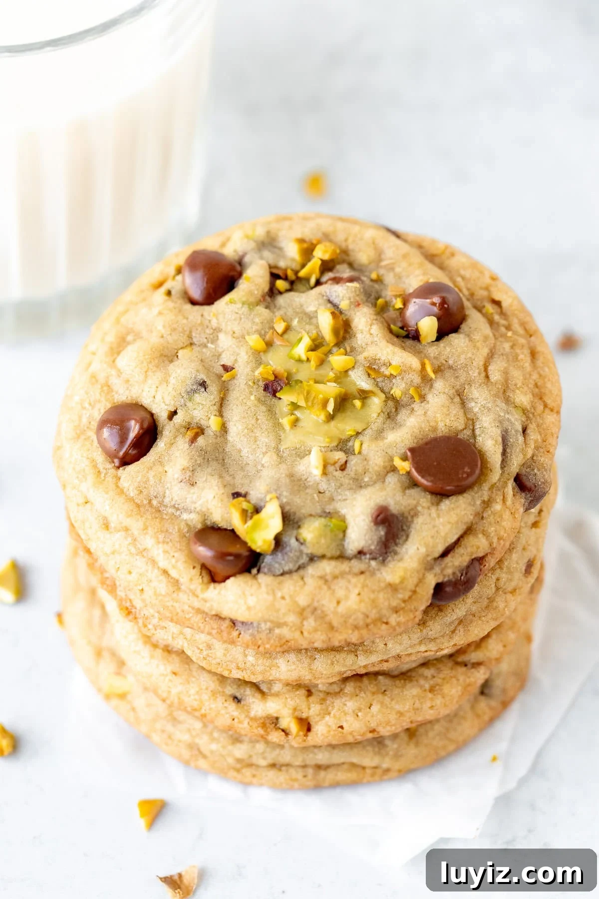 Crispy Pistachio Chocolate Chip Cookies Recipe 2 Stack of pistachio chocolate chip cookies