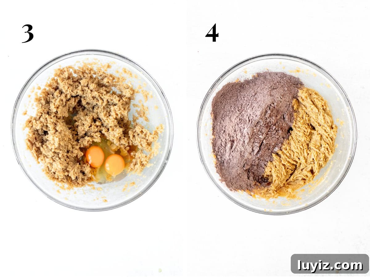 Ultimate Triple Chocolate Chip Cookies Recipe for Chocolate Lovers 4 Bowl of butter and sugar mixed together with eggs and vanilla added to bowl, and bowl of butter, sugars and eggs mixed together with dry ingredients added