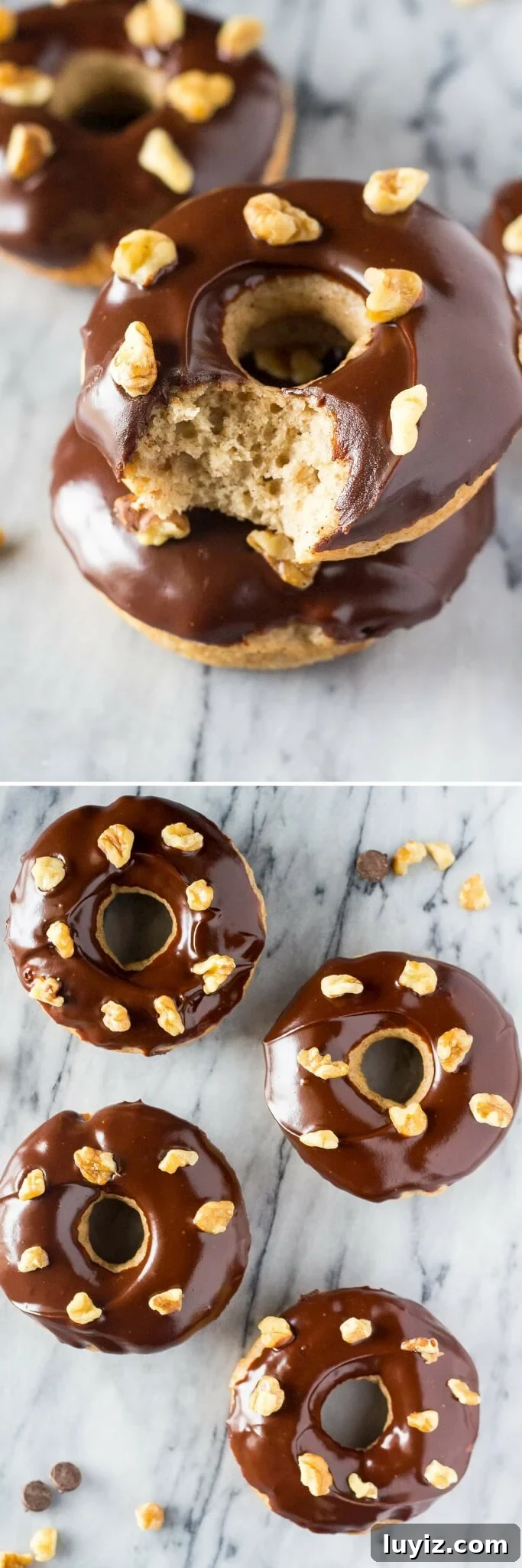 Banana Doughnuts with Silky Chocolate Glaze Recipe 3 Banana Doughnuts with Chocolate Glaze - Baked not fried with big banana bread flavor & so perfect for breakfast!