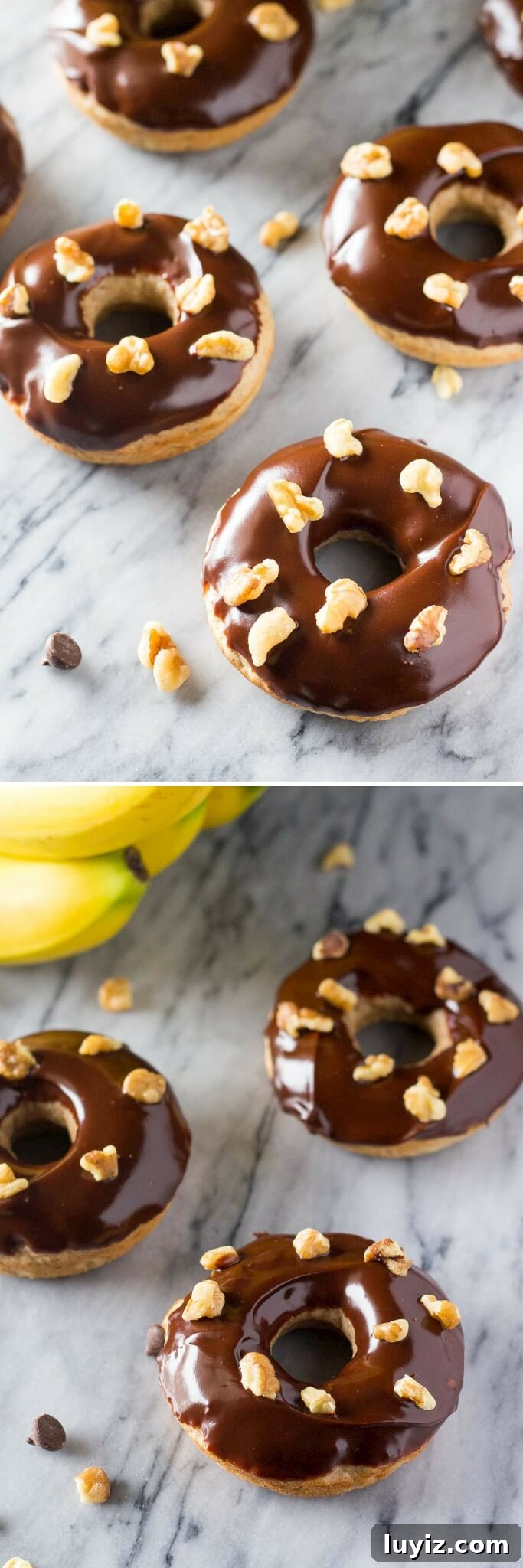 Banana Doughnuts with Silky Chocolate Glaze Recipe 4 Banana Doughnuts with Chocolate Glaze - Baked not fried with big banana bread flavor & so perfect for breakfast!