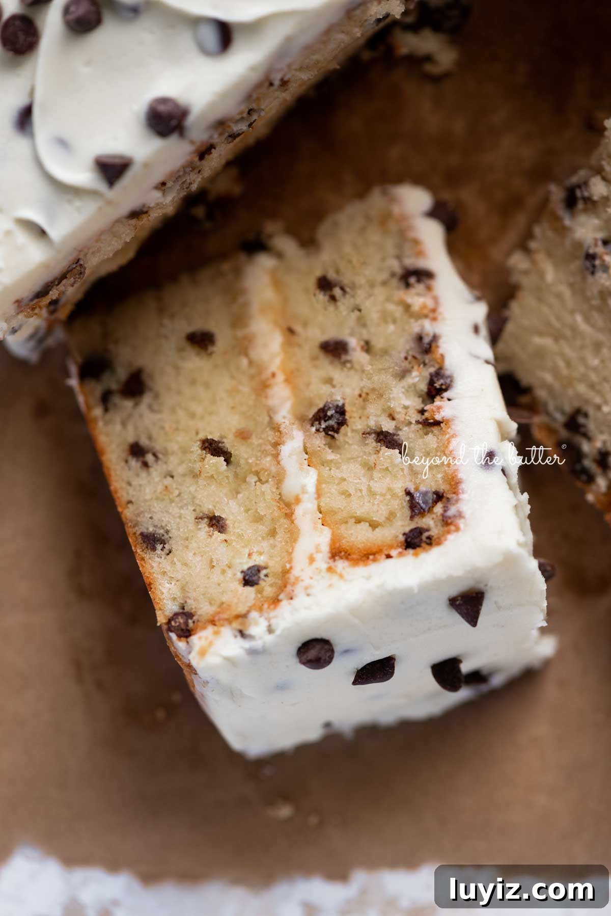 Decadent Chocolate Chip Cake Recipe for Moist, Gooey Slices 2 Slice of 2 layer chocolate chip cake on it's side on a brown paper background | © Beyond the Butter®