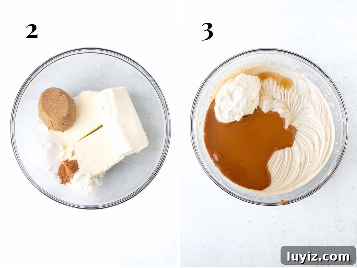 Decadent Biscoff Cheesecake Recipe with Crunchy Cookie Crust 6 Bowl of cream cheese, sugars and cinnamon and bowl of cream cheese, sugars and cinnamon mixed together with sour cream, Biscoff and vanilla added.
