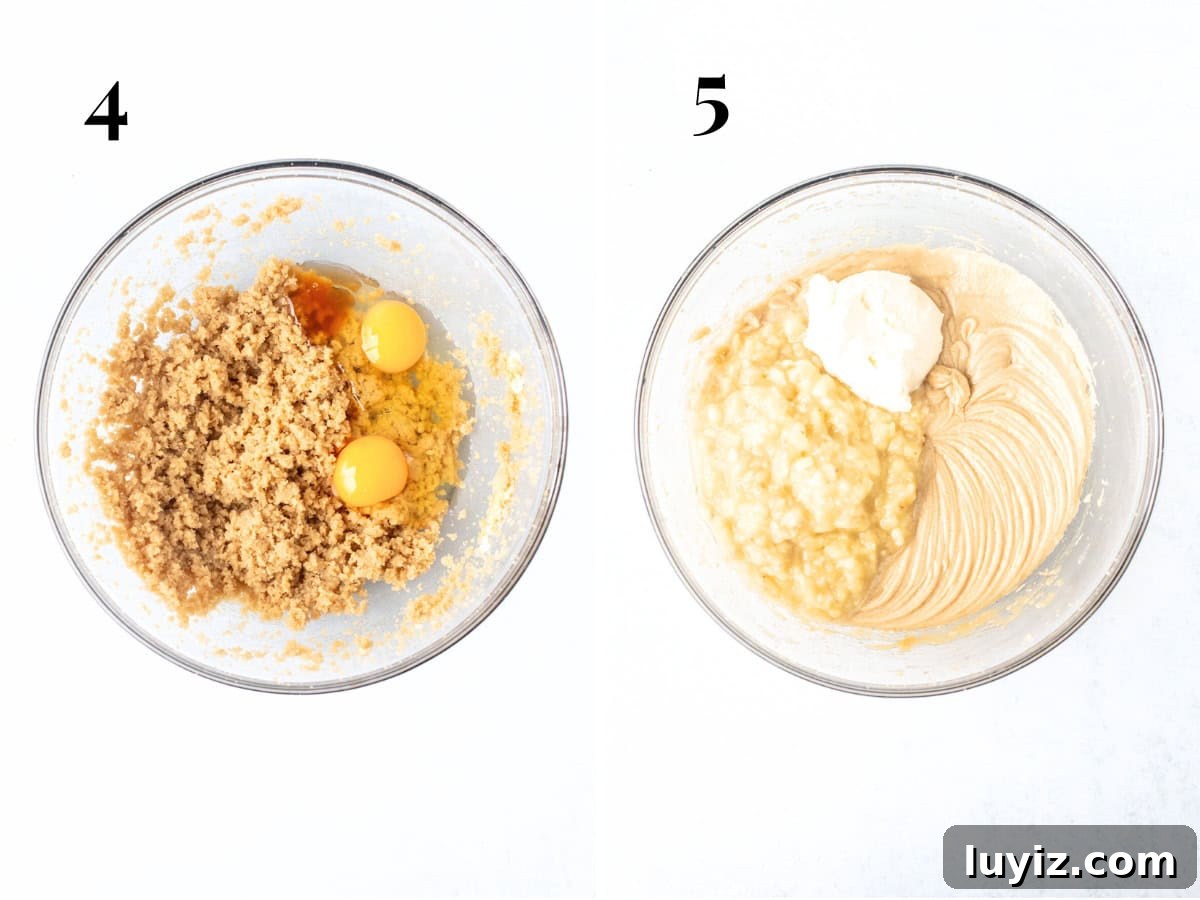 Moist Banana Bars with Cream Cheese Frosting Recipe 5 Bowl of batter and unbaked pan of banana bars