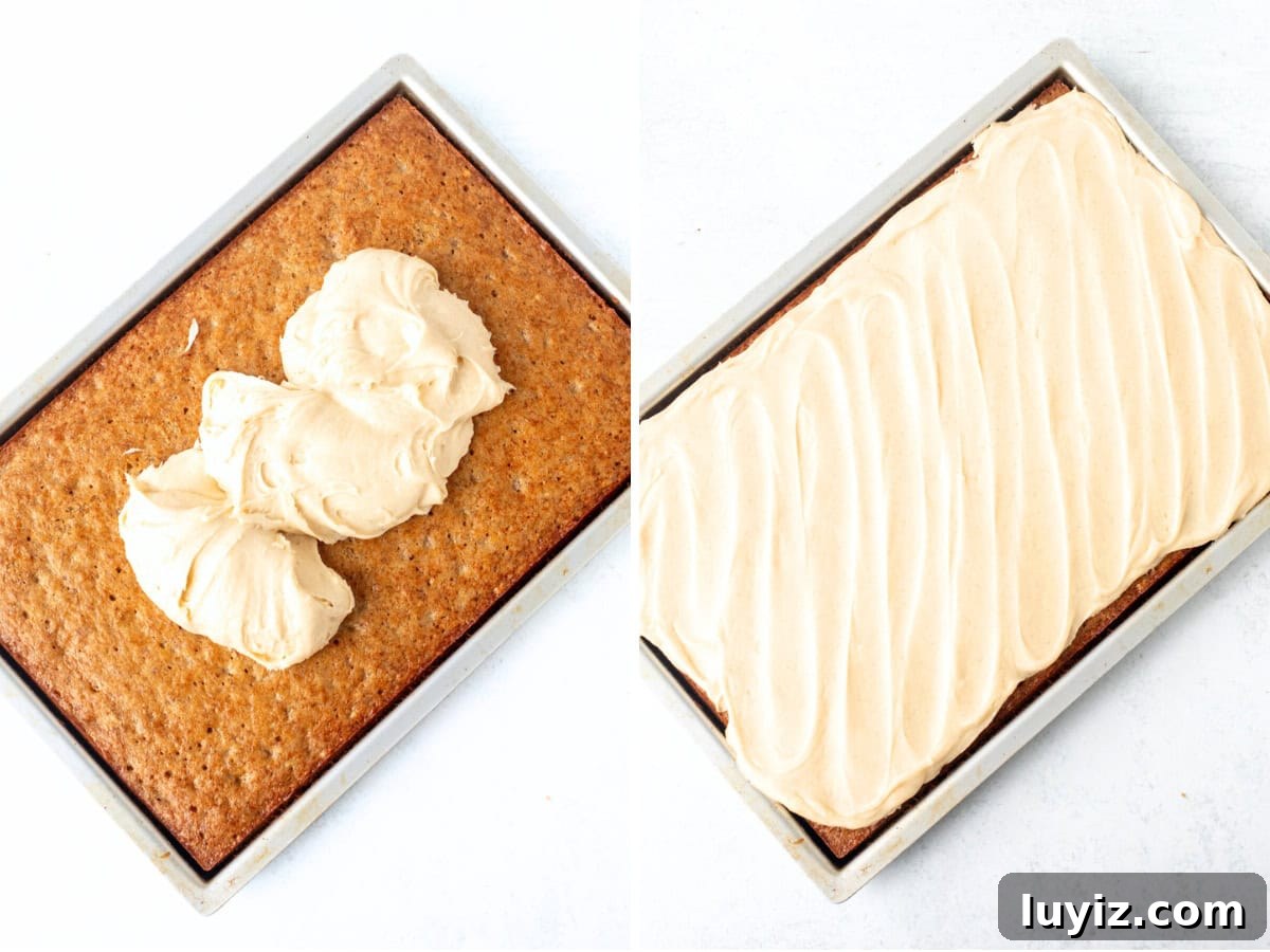 Moist Banana Bars with Cream Cheese Frosting Recipe 6 Pan of baked banana bars with cinnamon cream cheese frosting
