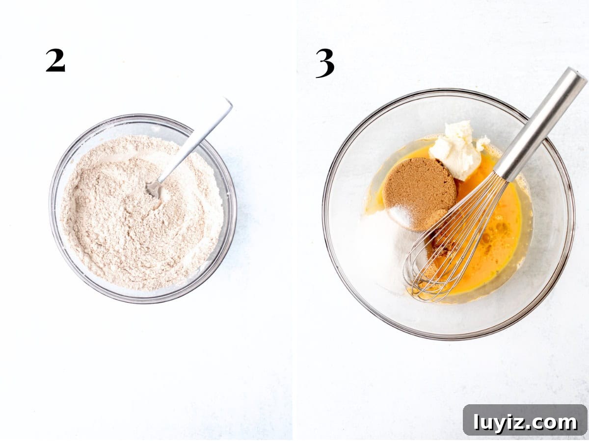 Chewy Carrot Cake Bars with Cream Cheese Frosting 4 Bowl of dry ingredients and bowl of wet ingredients and sugars
