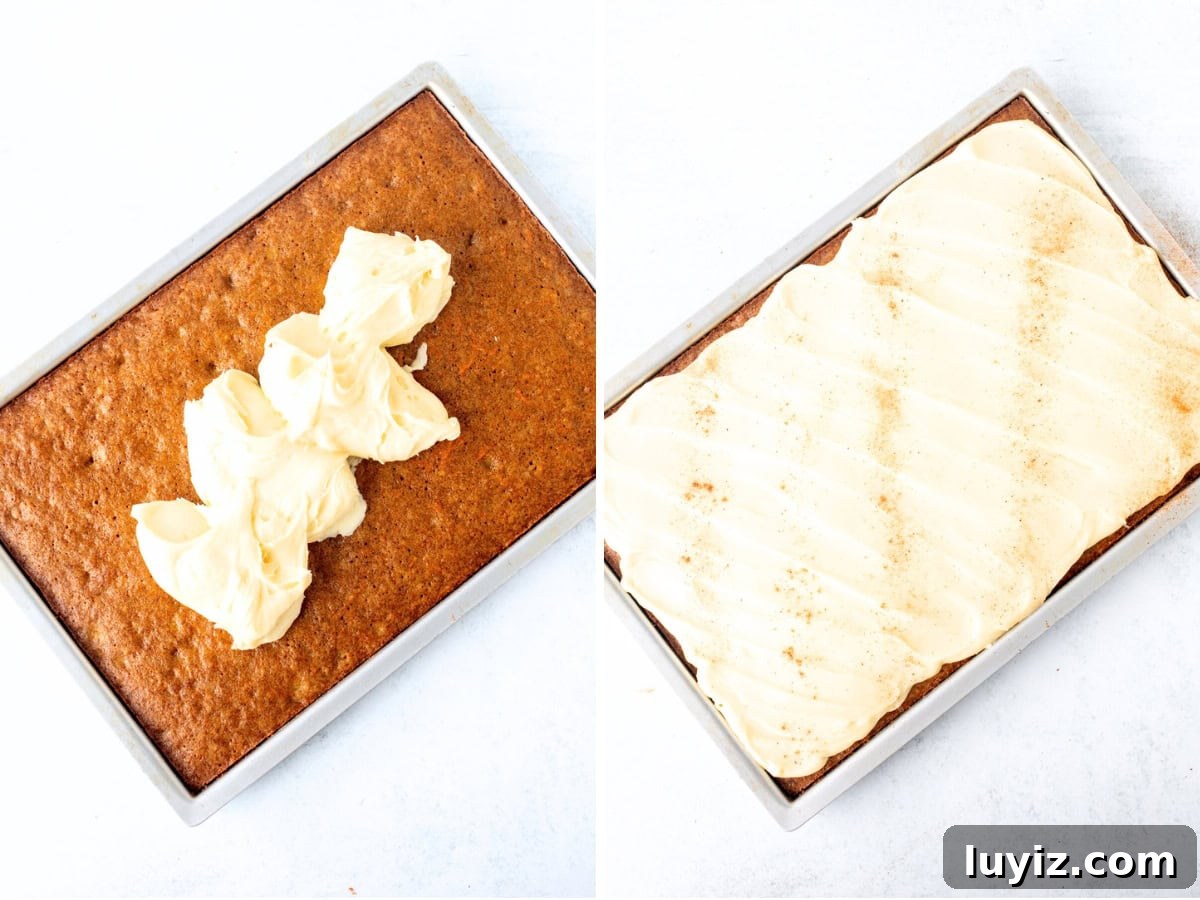 Chewy Carrot Cake Bars with Cream Cheese Frosting 7 Pan of carrot cake bars being frosted