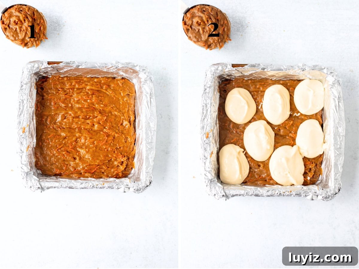 Carrot Cake Cheesecake Bars Recipe — Moist Spiced Dessert Bars 6 Pan of carrot cake batter and pan of carrot cake batter with dollops of cheesecake batter