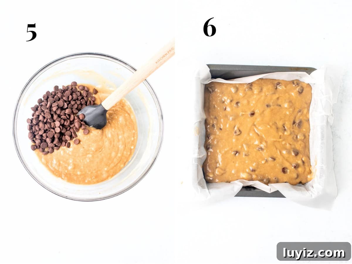 Banana Chocolate Chip Dessert Bars — Moist Baked Banana Squares 6 Finished banana bars in pan