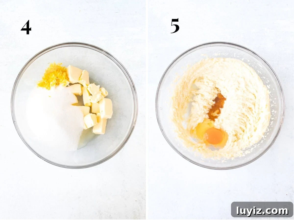 Zesty Lemon Layer Cake Recipe for Moist, Tangy Slices 4 Bowl of butter, oil sugar and lemon zest, and bowl of butter, sugar, oil and lemon zest creamed together with vanilla and egg added to the bowl.