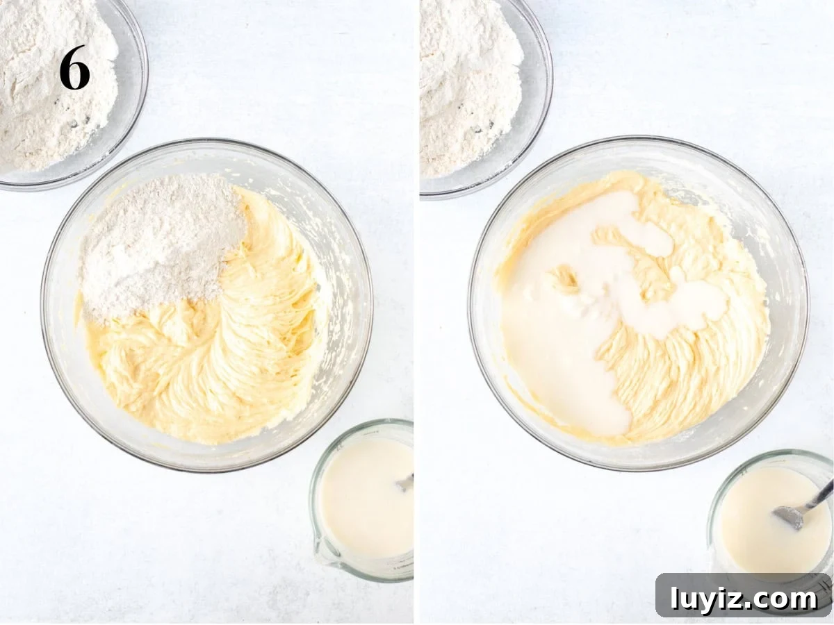 Zesty Lemon Layer Cake Recipe for Moist, Tangy Slices 5 Bowl of butter mixture with flour added to the bowl, and bowl of cake batter with milk added to the bowl