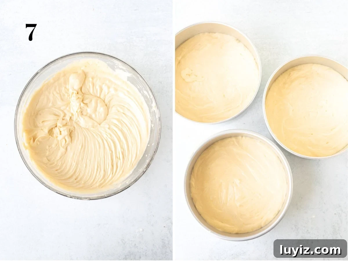 Zesty Lemon Layer Cake Recipe for Moist, Tangy Slices 6 Bowl of lemon cake batter and three cake pans of unbaked lemon cake
