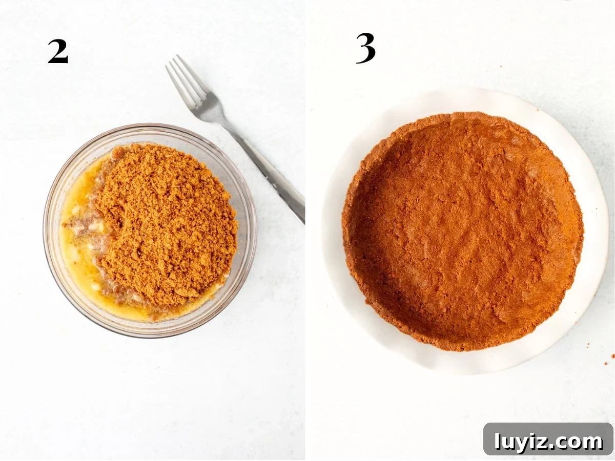 No-Bake Biscoff Cheesecake Pie: Creamy No-Oven Dessert 4 Bowl of Lotus Biscoff cookie crumbs and melted butter, and pie plate with Biscoff cookie crust.