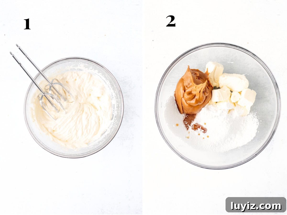 No-Bake Biscoff Cheesecake Pie: Creamy No-Oven Dessert 5 Bowl of whipped cream and bowl of cream cheese, Biscoff, cinnamon, vanilla and powdered sugar