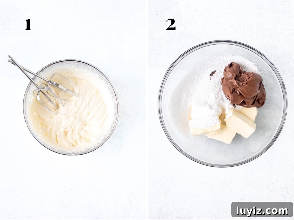 Decadent Nutella Pie Recipe with a Crispy Chocolate Crust 5 Bowl of whipped cream and bowl of cream cheese, Nutella and powdered sugar
