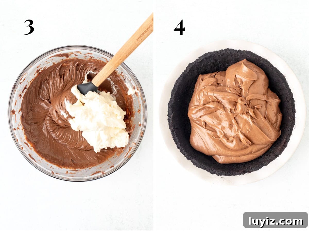Decadent Nutella Pie Recipe with a Crispy Chocolate Crust 6 Whipped cream added to bowl of cream cheese and Nutella mixture, and Nutella pie filling added to pie plate with Oreo crust