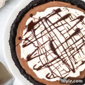 Decadent Nutella Pie Recipe with a Crispy Chocolate Crust 8 Nutella pie with Oreo crust, whipped cream topping and chocolate drizzle on top