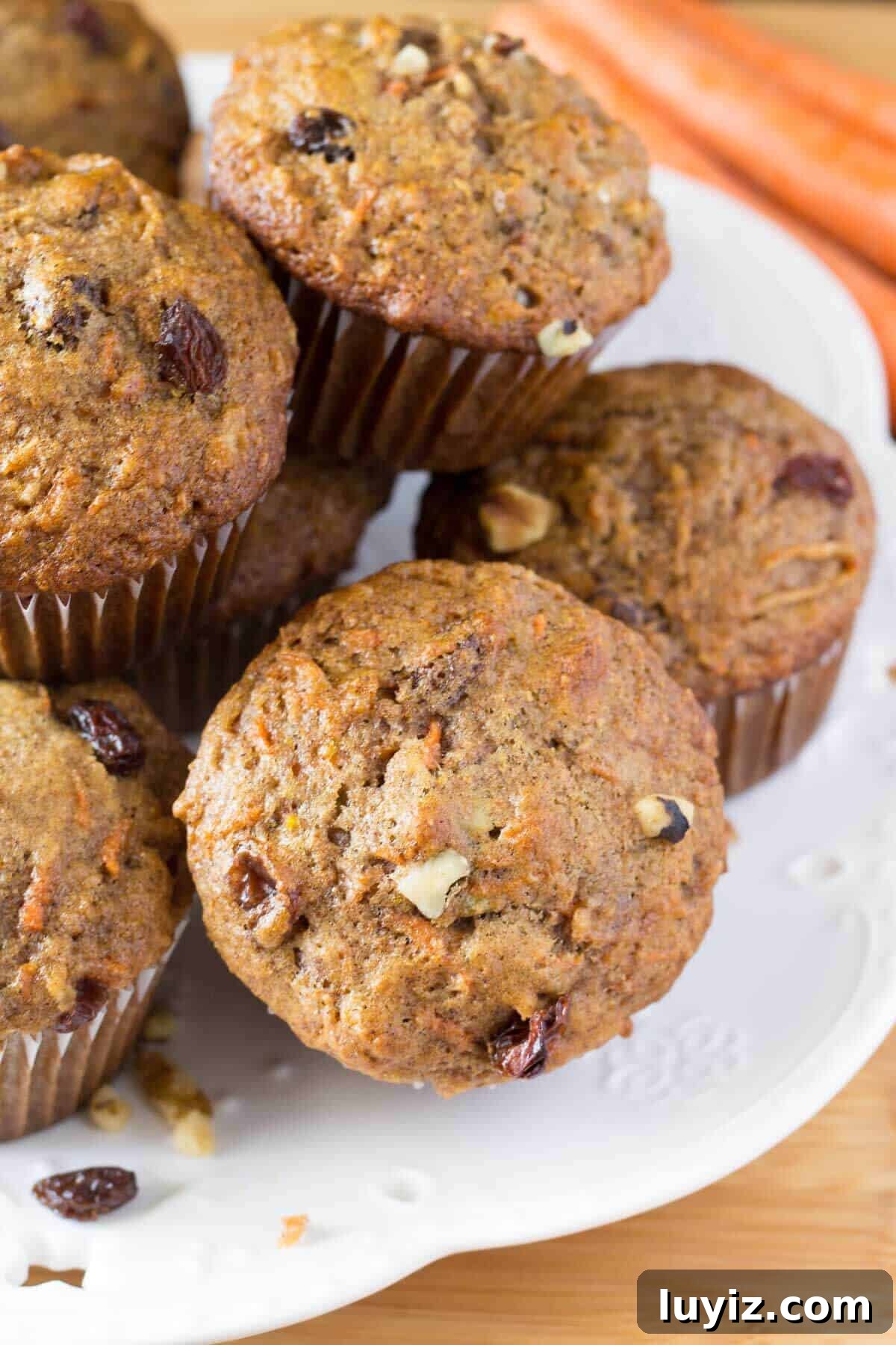 Moist Morning Glory Muffins with Carrots, Apples & Nuts 2 With shredded carrots, apple, cinnamon, orange zest, walnuts & raisins - these Morning Glory Muffins are packed with flavor and so easy to make.
