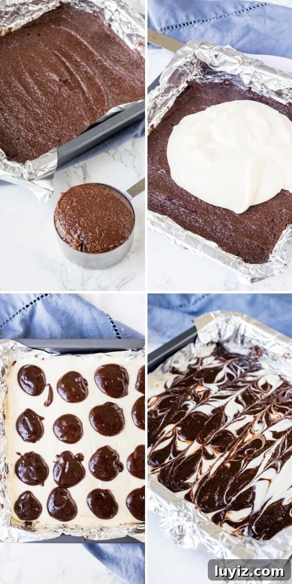 Fudgy Cream Cheese Swirl Brownies: Rich Chocolate Cheesecake Bars 4 Collage showing 4 steps of how to assemble cream cheese brownies to create the swirl look on top.