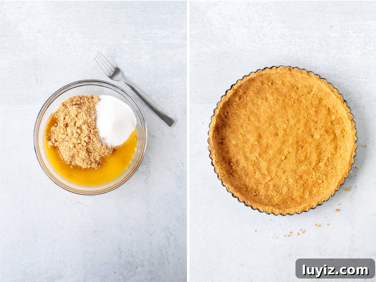 No-Bake Fresh Fruit Tart Recipe for Summer Parties 4 Bowl of graham crumbs, sugar and melted butter and graham crust tart crust.