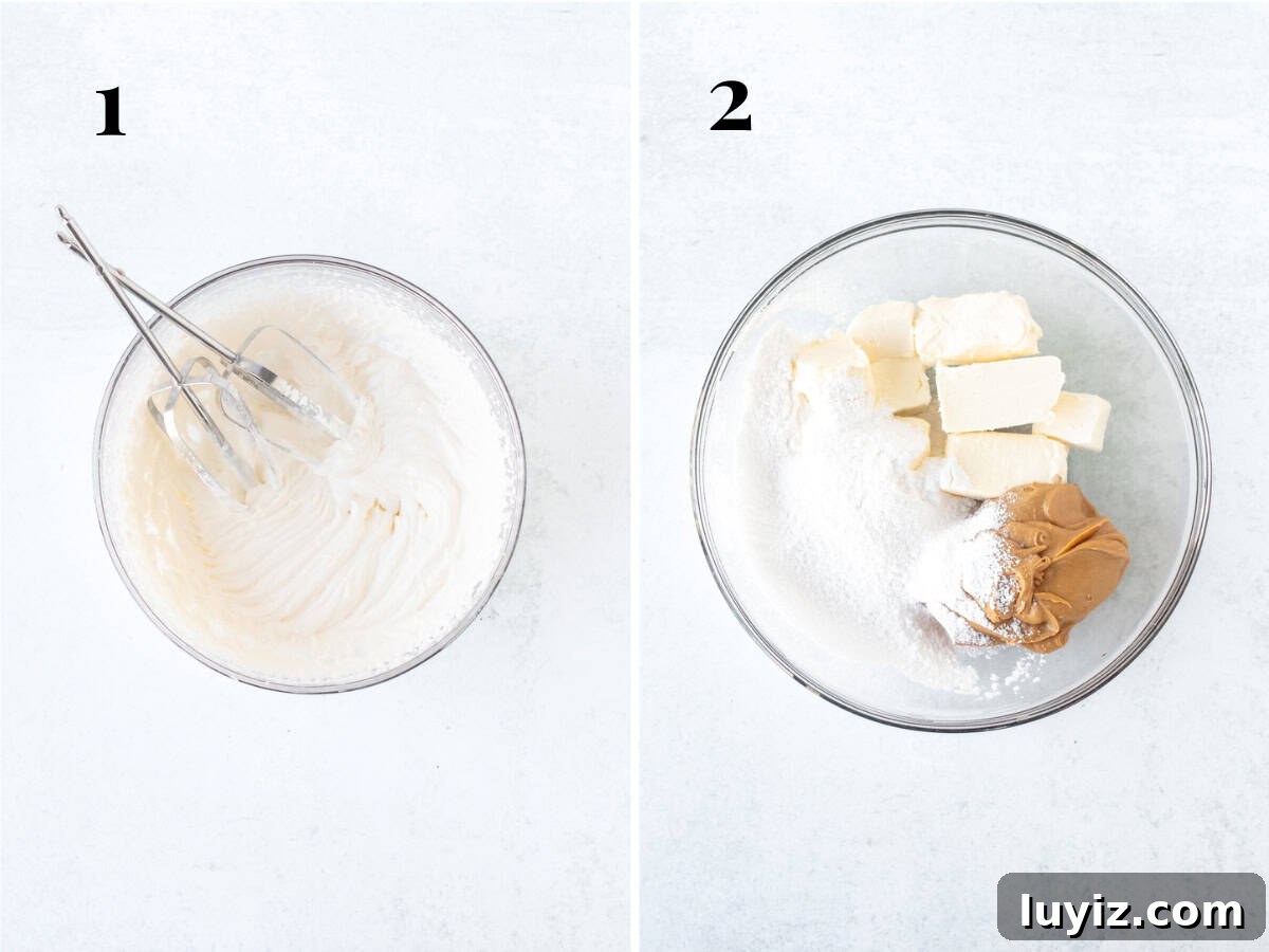 No-Bake Peanut Butter Icebox Cake Recipe — Quick Dessert 3 Bowl of whipped cream and bowl of cream cheese, peanut butter and powdered sugar